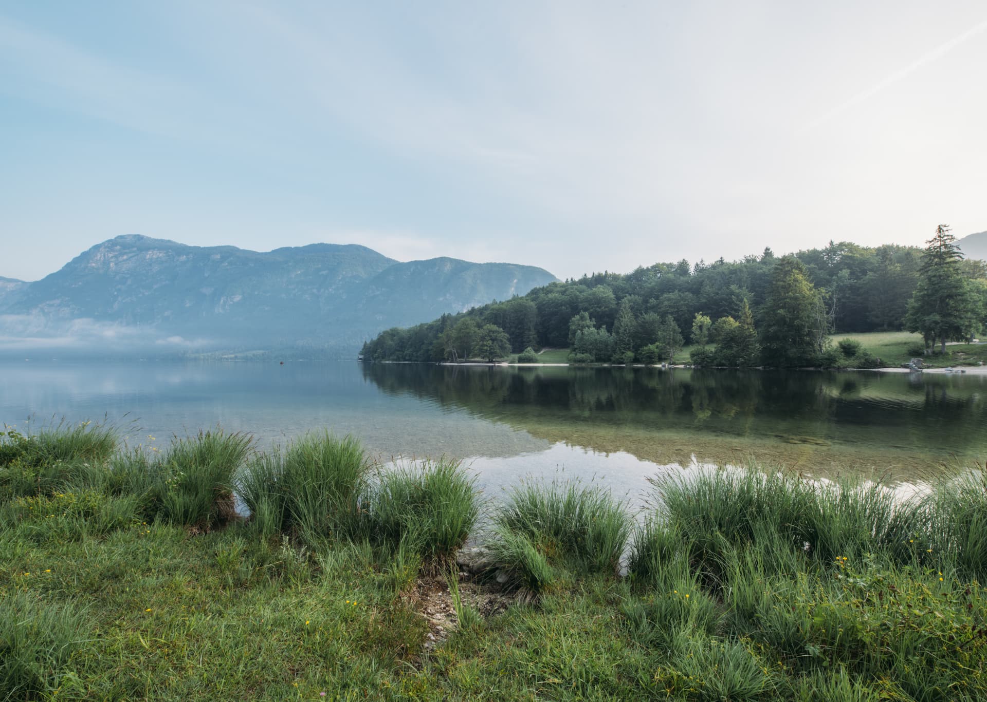 Klarer Bergsee mit Uferwiese und Bergen am Morgen